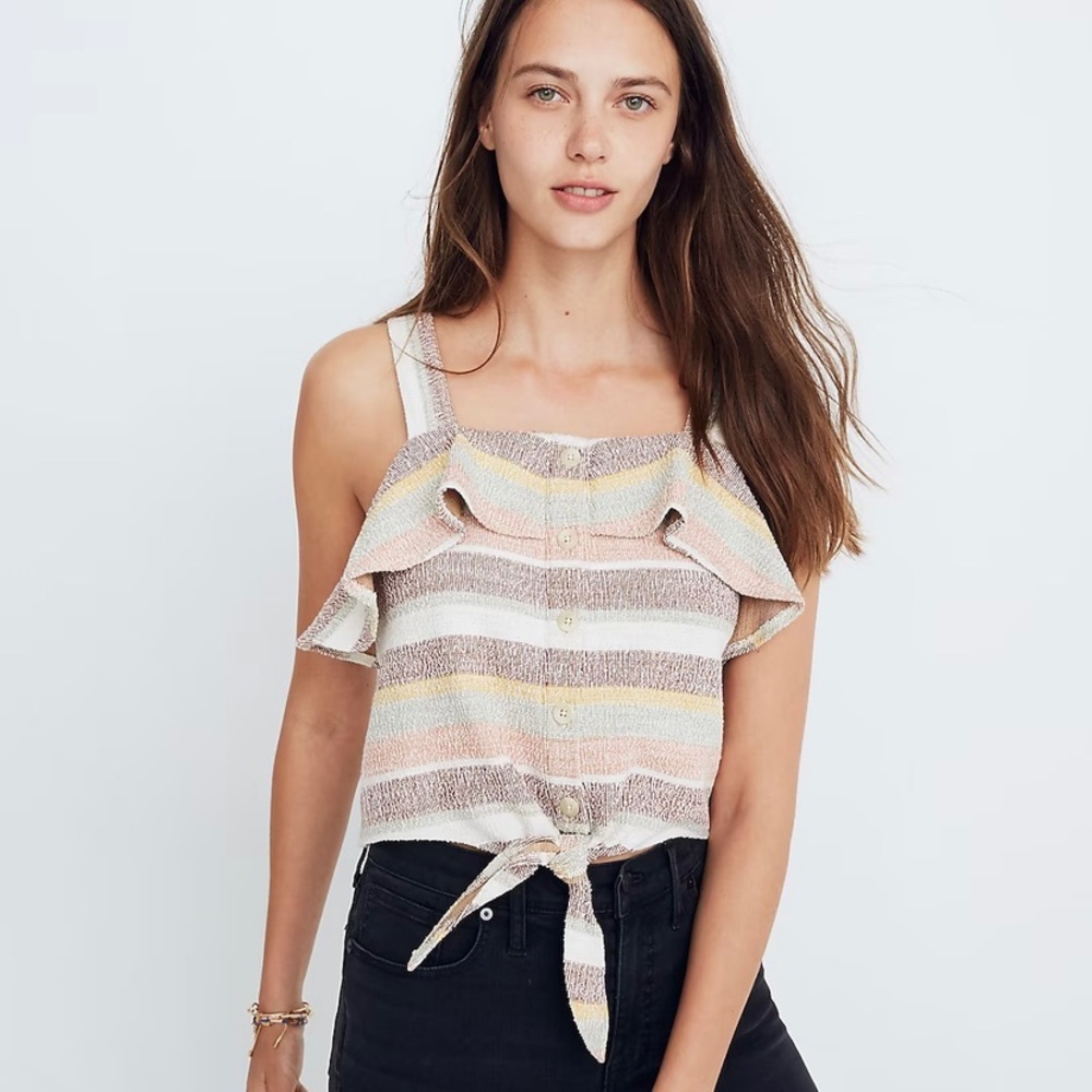 Madewell Texture & Thread Striped Ruffle Tie-Front Tank
